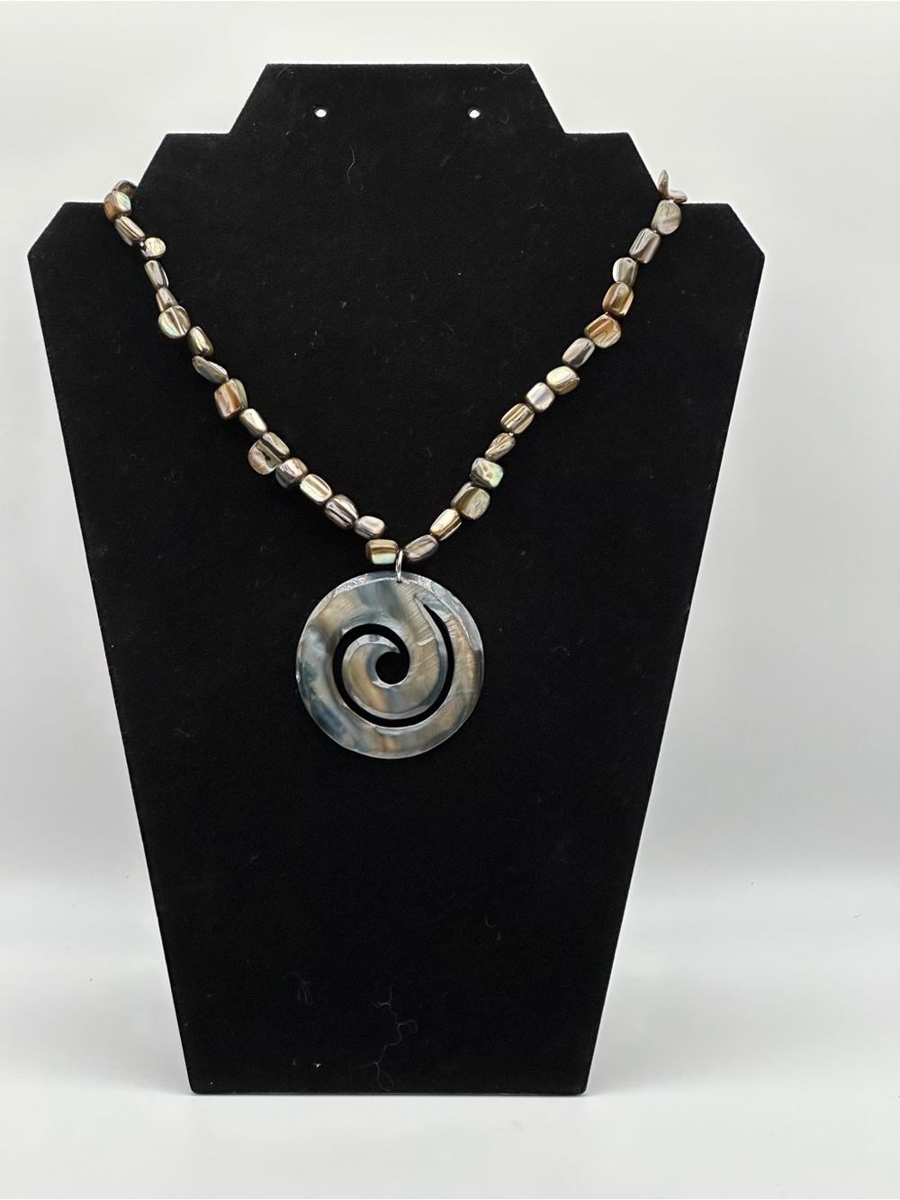 Mother of Pearl Shell Statement Necklace Large Spiral Pendant Iridescent Beaded